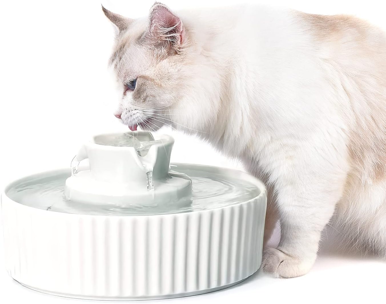 Ceramic Cat Water Fountain, Pet Ceramic Water Fountain Dispenser, 2.1 L Drinking Fountains Bowl for Cats and Dogs with Replacement Filters and Foam(White)