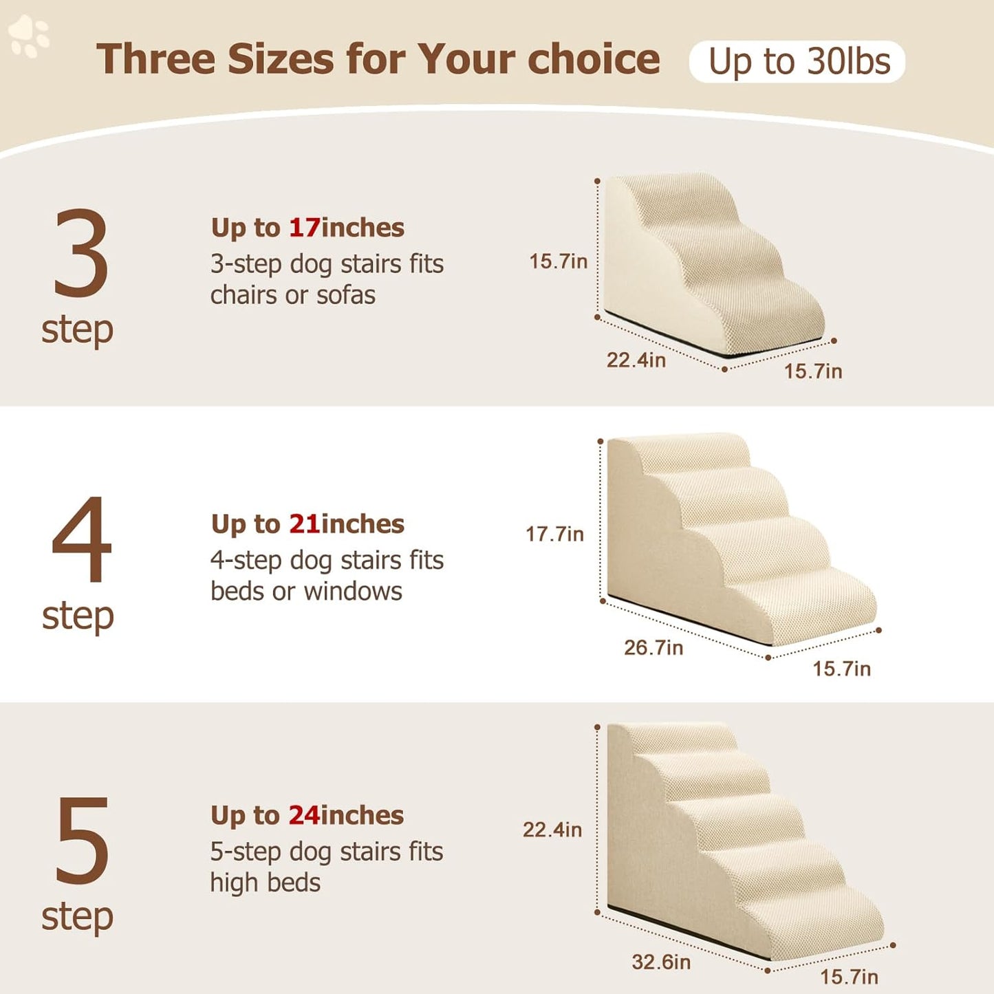 Dog Ramp and Stairs for Small Dogs & Cats,3-Step Pet Stairs for Couch Sofa and Chair,Indoor Anti-Slip Dog Stairs for Old Cats and Puppy,Beige