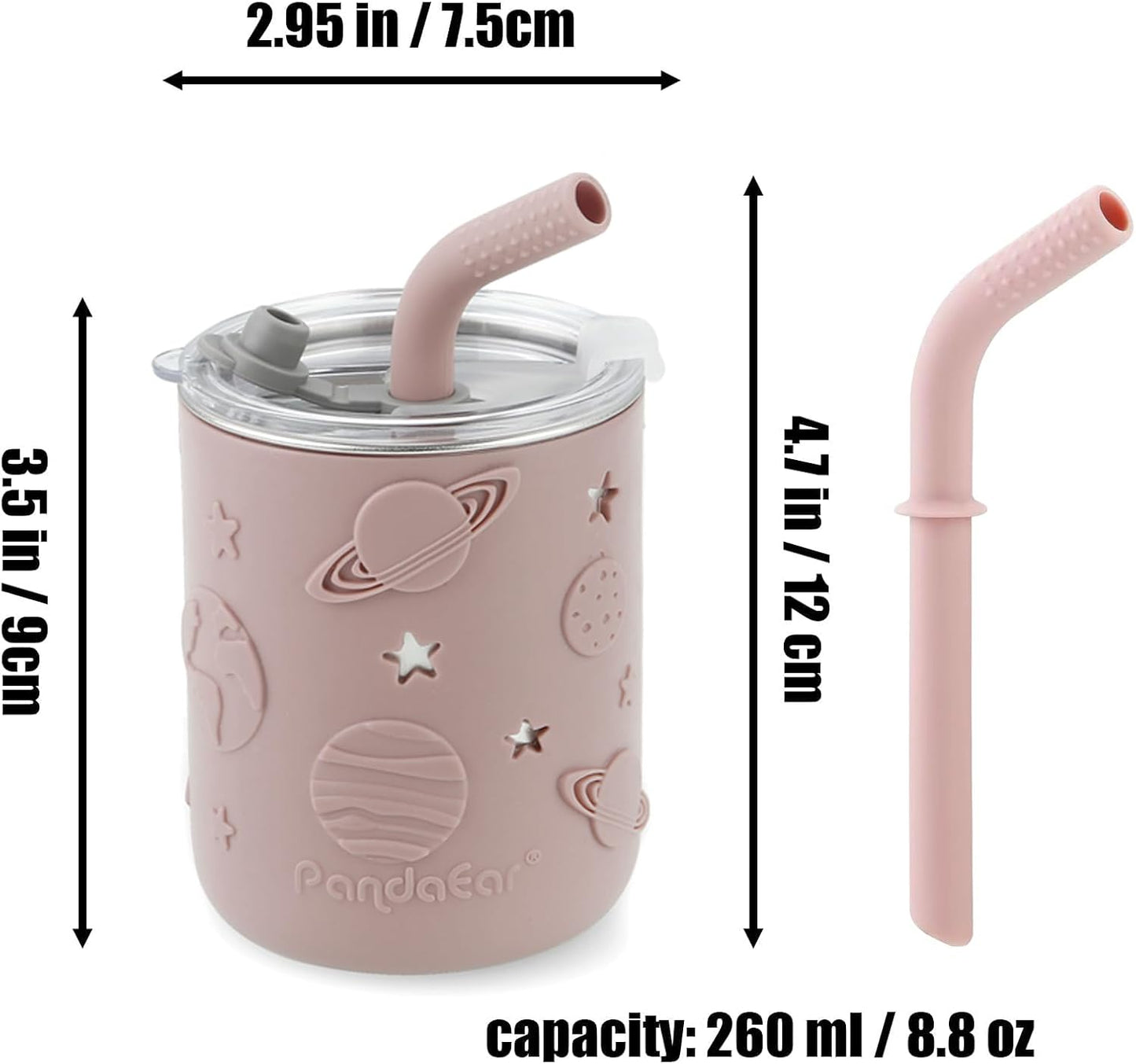 PandaEar 6-in-1 Stainless Steel Baby Feeding Set | Divided Suction Plate, Bowl, Sippy Cup with Straw, Bib, Spoon & Fork | BPA-Free Toddler Feeding Essentials for Self-Feeding (Pink)