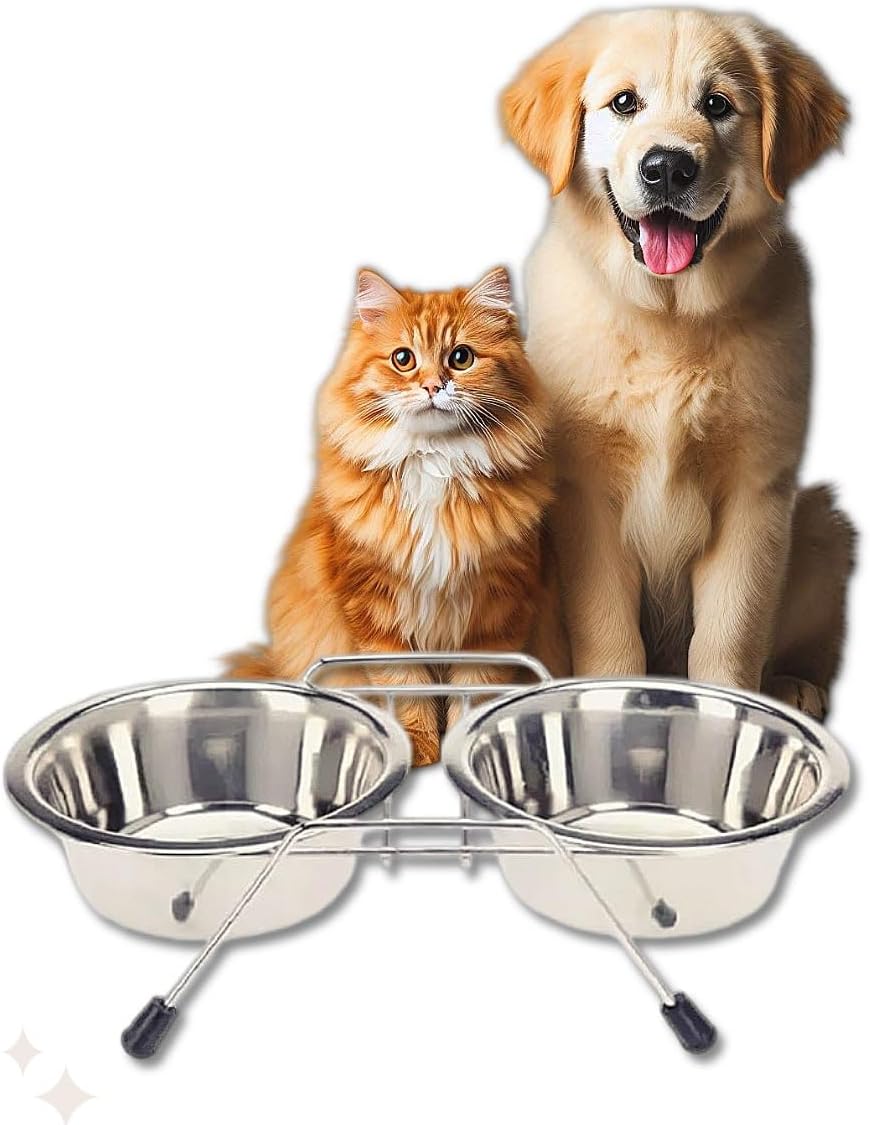 Pet Bowls for Dogs and Cats, with 2 Bowls, Iron Stand Base, Double Bowl Stand, Two Steel Removable (7oz)