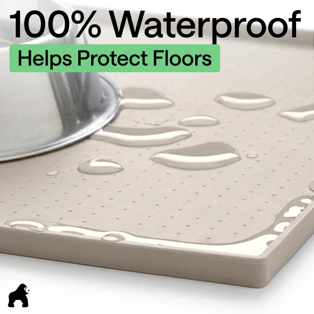 GORILLA GRIP 100% Waterproof Raised Edge BPA Free Silicone Pet Feeding Mat, Dog Cat Food Mats Contain Spills Protects Floors, Placemats for Cats and Dogs Water Bowl, Pets Accessories 16x10, Beige