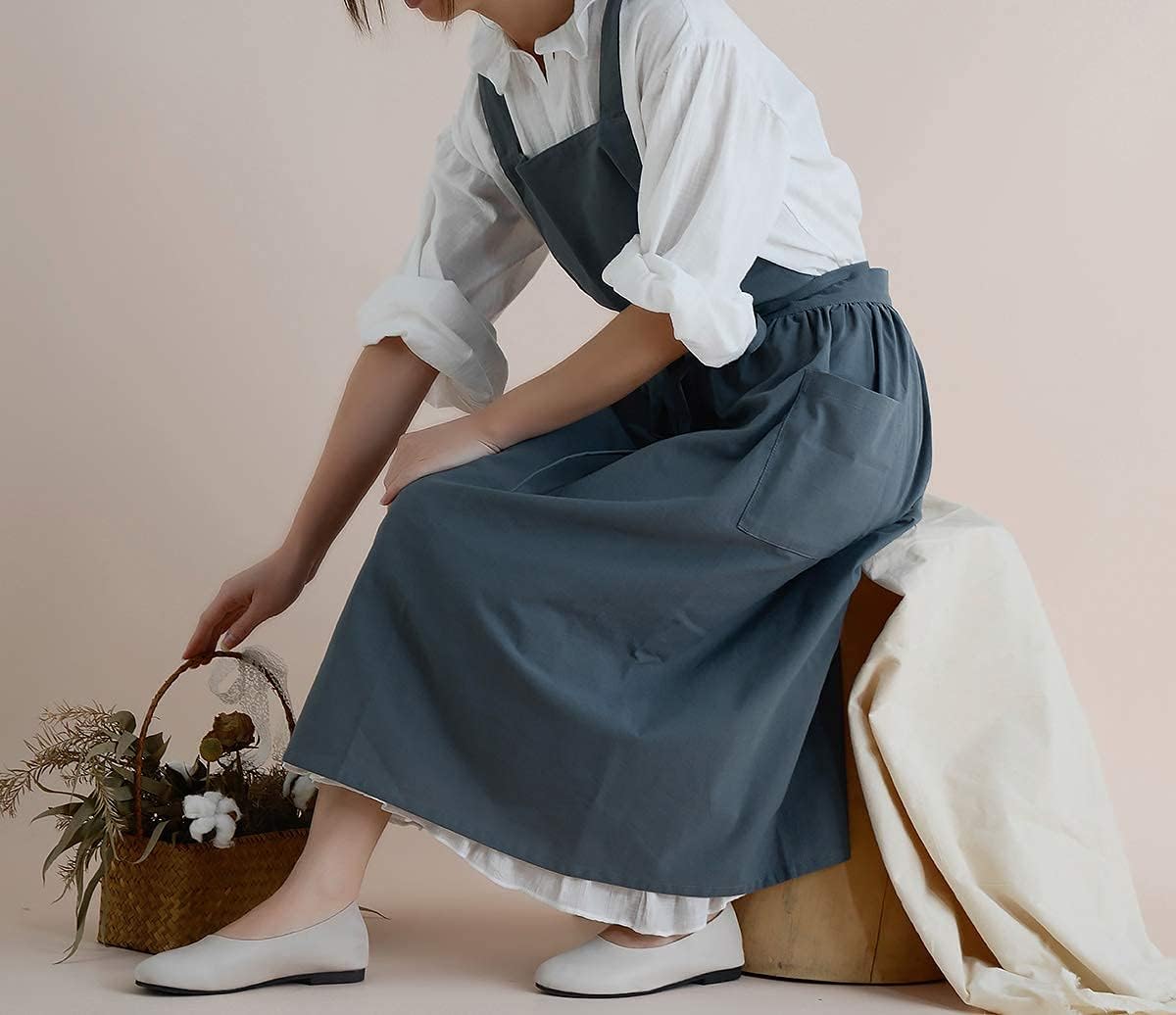 Cotton Pleated Apron Retro Waterdrop Proof Garden Cleaning Pinafore Dress