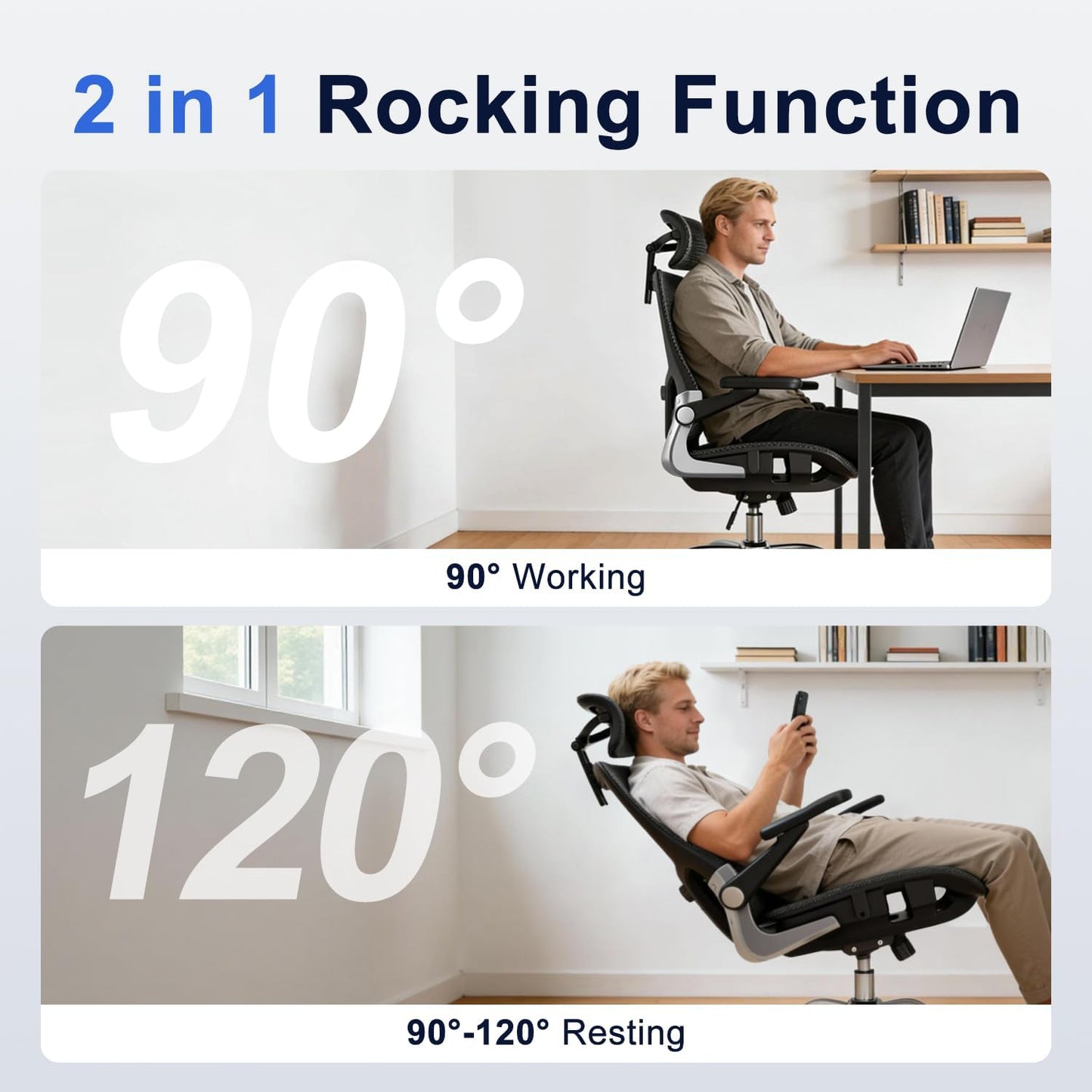 Ergonomic Office Chair, Mesh Seat Cushion with 3D Armrests and 3D Headrest, Adjustable Lumbar Support with 90-120° Rocking Function, Black