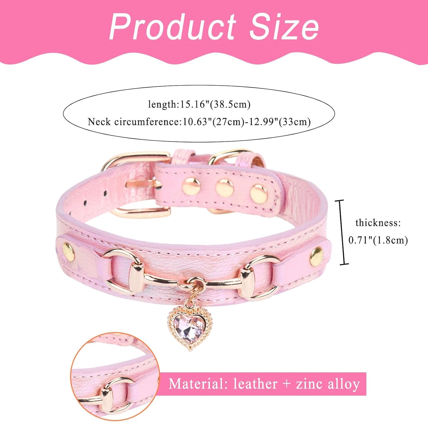 Bling Heart Charm Dog Collar: Pink Adjustable Leather Rhinestones Necklace Collar Pet Accessories for Sizes S Small Medium Dogs,10.6"-13"
