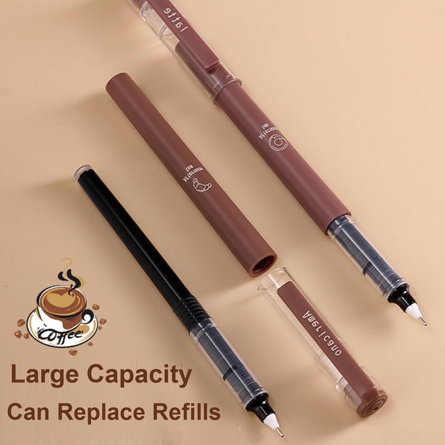 6 Pcs Rolling Ball Pens Cute Coffee Liquid Ink Rollerball Pens Cartoon 0.5 mm Black Ink Pen Quick Drying Smooth Writing Pen Office School Supplies (Coffee)