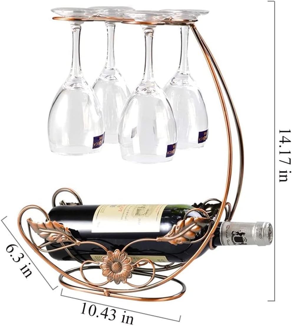 Homya Tabletop Wine Rack - Metal Fine Forged Wine Glass Display Holder, Holds 1 Bottle and 4 Glasses, Gold