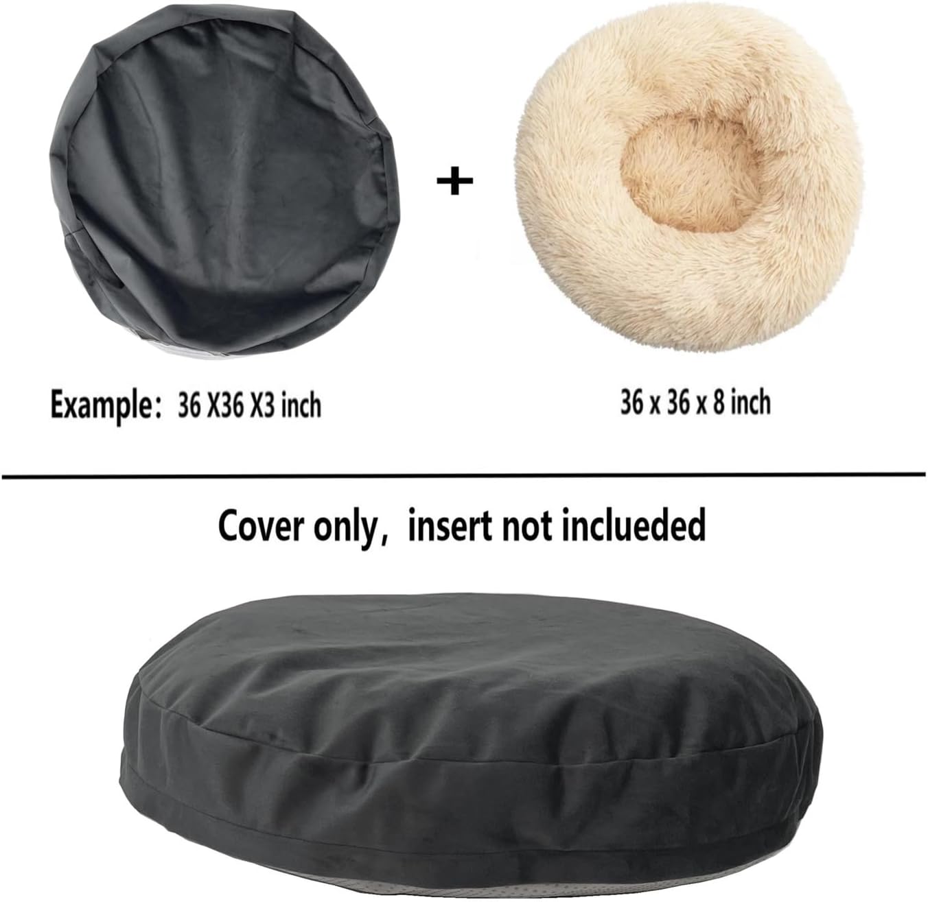 Waterproof Round Dog Bed Cover with Zipper Faux Fur Donut Dog Bed Replacement Cover Only 24 Inch Grey Velvet