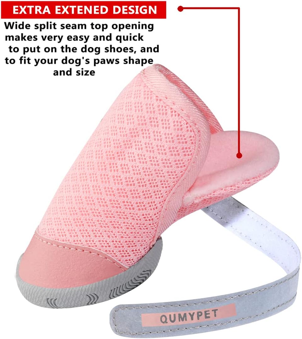 QUMY 4PCS Dog Shoes for Small Dogs, Hot Pavement Summer Puppy Dog Boots & Paw Protectors with Soft Anti-Slip Rubber Sole, Mesh Breathable Dog Booties for Hardfloors, Walking Running Pink Size 4