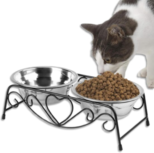 Double Pet Food Bowls, Stainless Steel Raised Dog Feeder Bowls Cat Water Dispenser Dish with Noslip Retro Iron Stand Holder for Small or Medium Dogs Cats Puppy