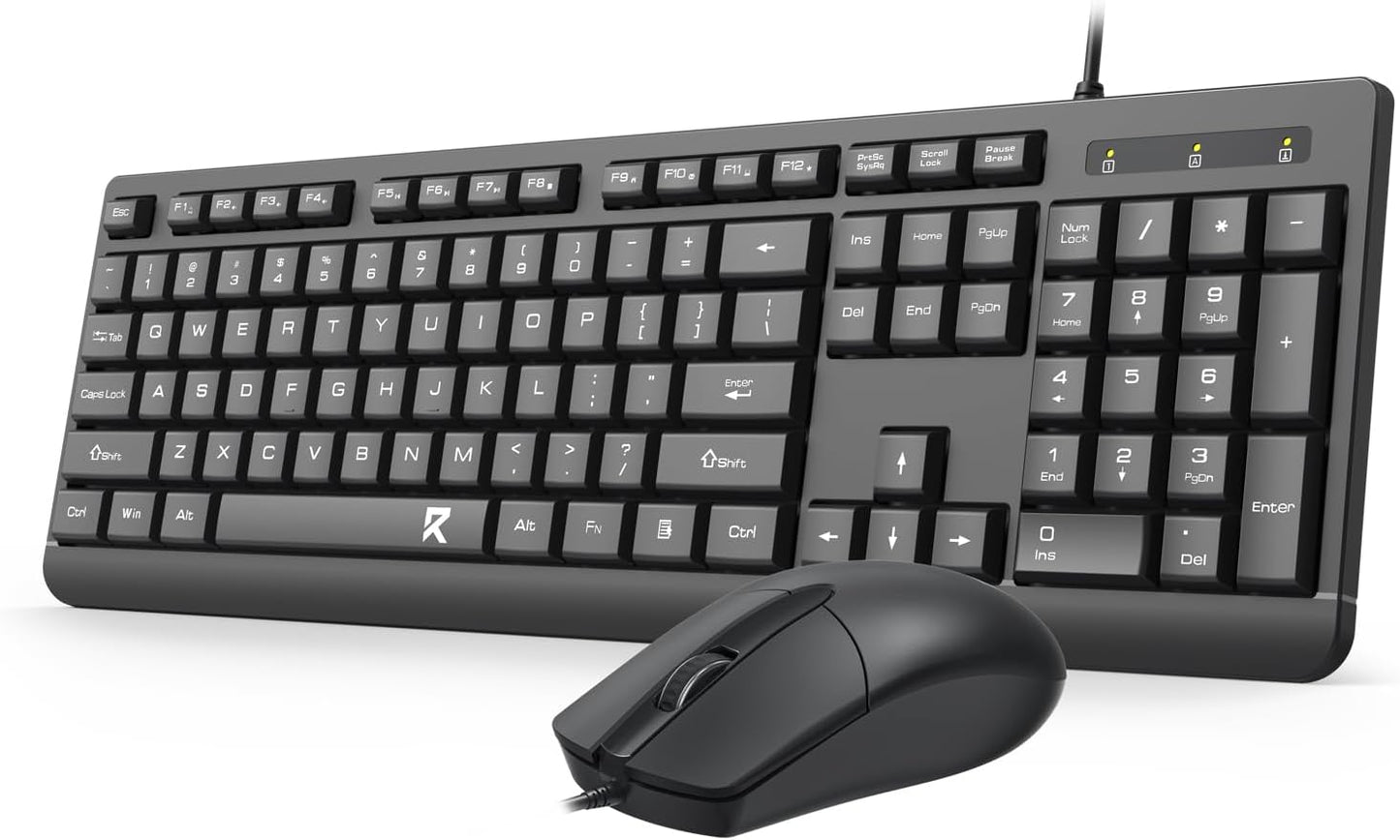 Redragon Wired Keyboard and Mouse Combo, Full-Size Spill Resistant Large Print Quiet Computer Keyboard and Optical USB Wired Mouse, Plug and Play for Windows PC, Mac OS Desktop/Laptop - Black