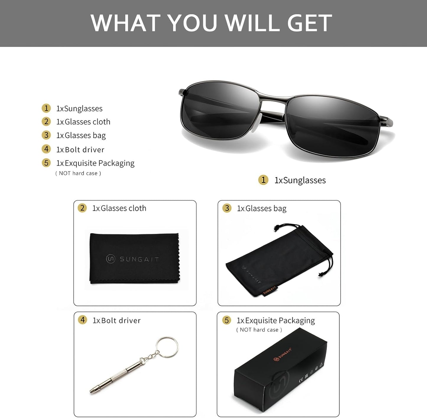 SUNGAIT Mens Narrow Polarized Sunglasses Metal Frame Small Rectangle Retro Durable UV400 Protection