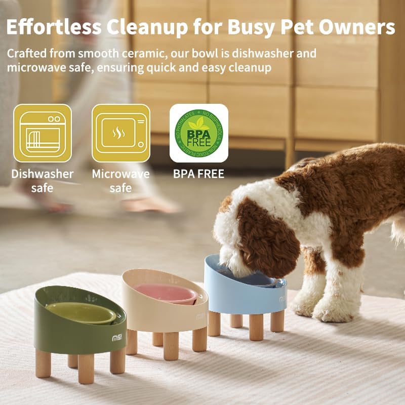 MS!MAKE SURE Ceramic Elevated Cat Bowls with Wooden Stand Set, Adjustable Raised Pet Bowls for Small Dogs & Cats, Anti - Slip Rubber Pad, Leak - Proof, Lead & Cadmium Free, Whisker - Friendly, Pink
