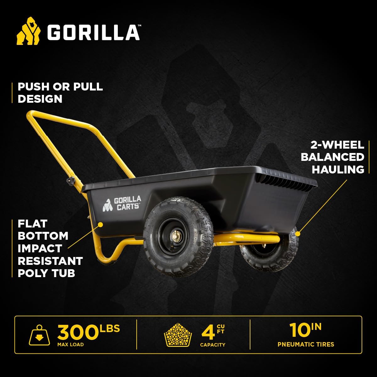 Gorilla Carts GCR-4 Poly Dump Cart, 2-Wheel Garden Wagon with Foldable Handle, 4 cu ft, 300 lb. Capacity, Black/Yellow