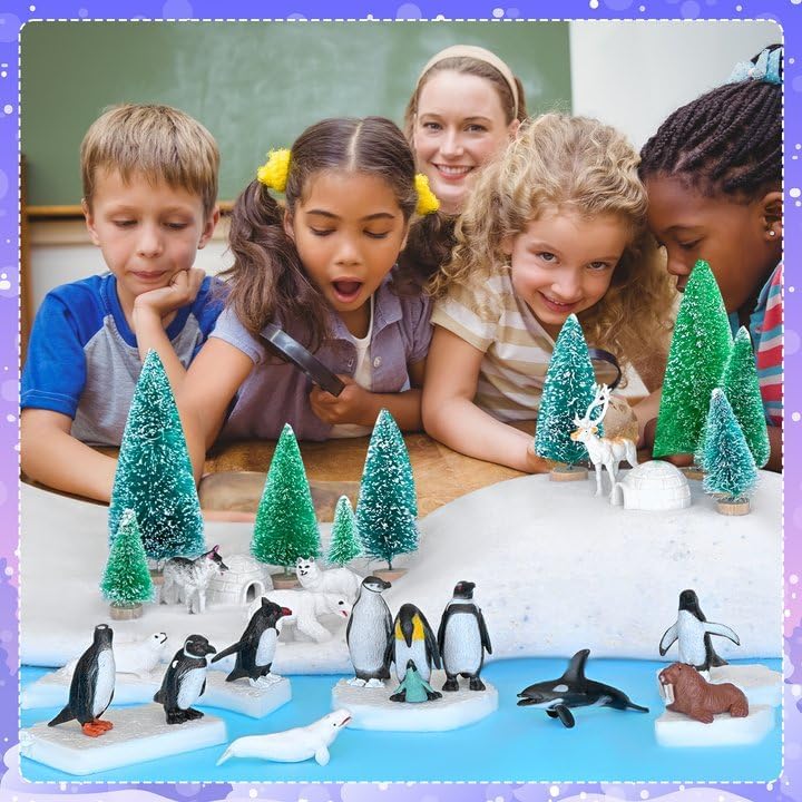 41 Pcs Arctic Animals Figurines Set Diorama Kit Includes 21 Polar Animals Figurines 16 Mini Pine Trees 1 Fake Snow Blanket 2 Foam Boards 1 Blue Tissue Paper Artic Diorama Supplies School Winter Decor