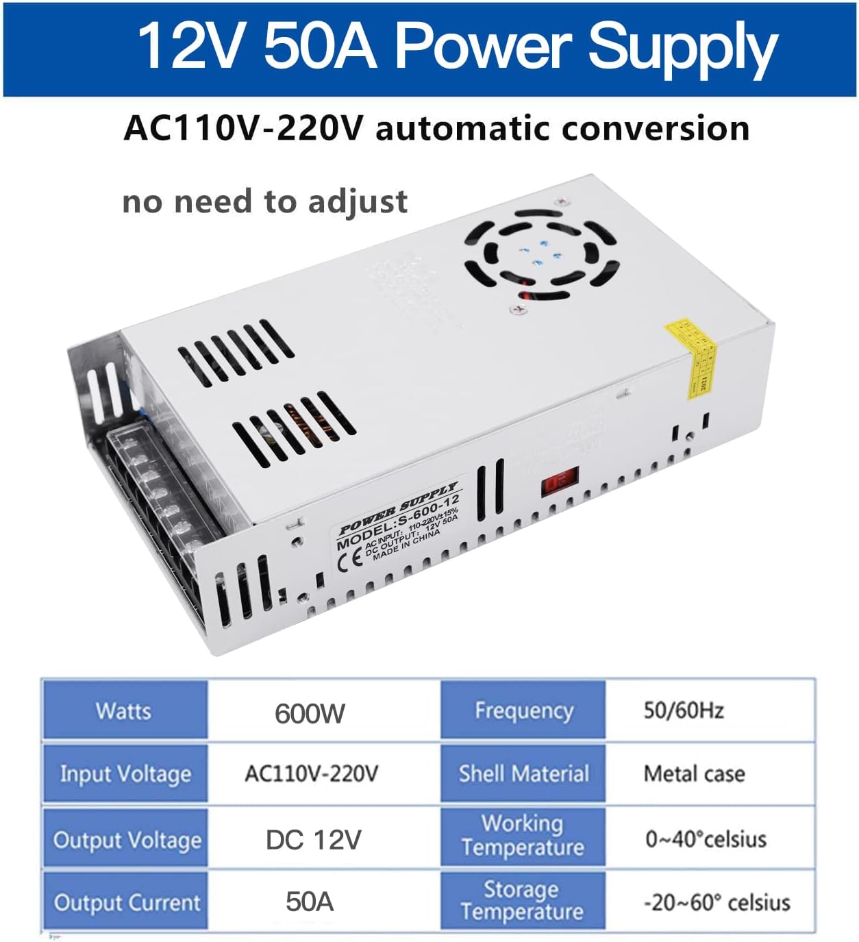 50A 600W 12V DC Power Supply, Universal Regulated Switching AC 110V/220V to DC Converter (SMPS) Transformer Driver Adapter for LED Strip Lights, CCTV Camera System, 3D Printer, Radio, Computer Project