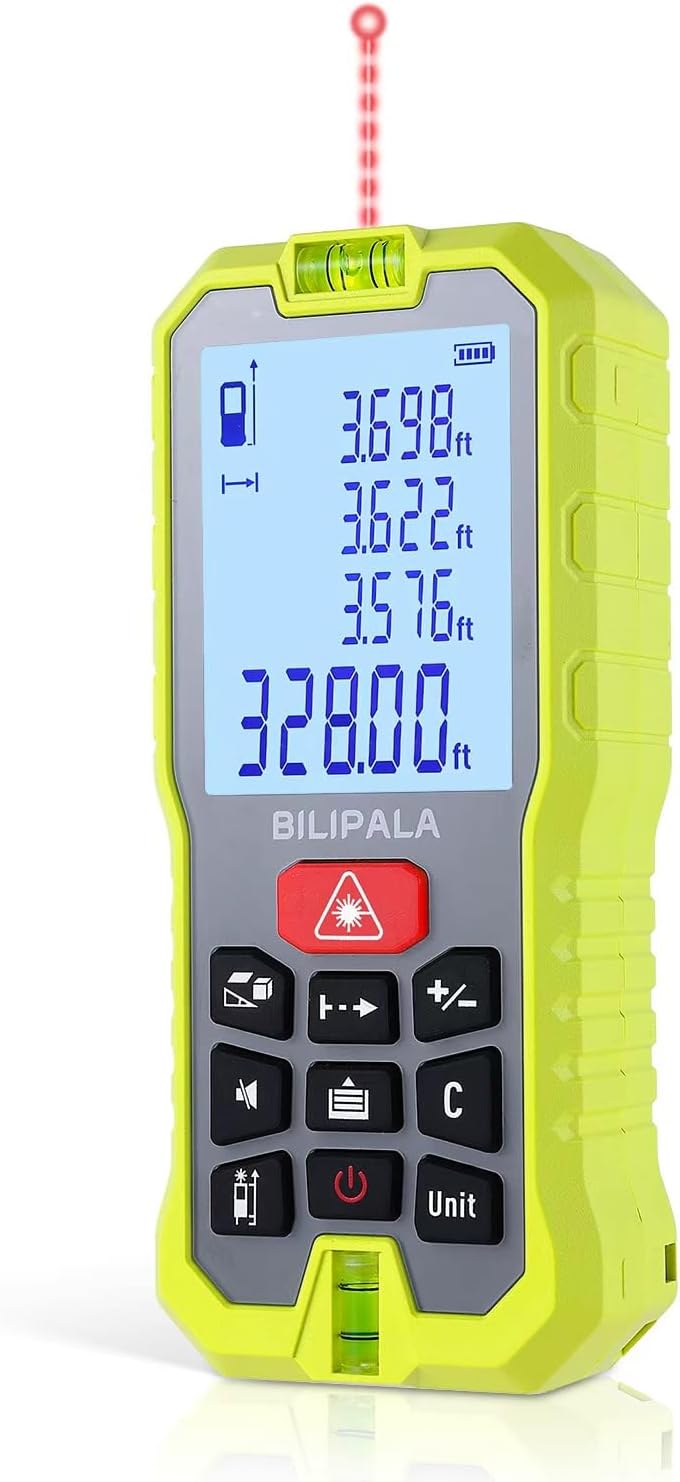 Laser Distance Measuring Tool, 100M/328ft Laser Measure, ±2mm Accuracy Laser Distance Meters with Backlit LCD, Measuring Distance, Area, Volume, Pythagorean Mode for Indoor/Outdoor Use(Red Laser)