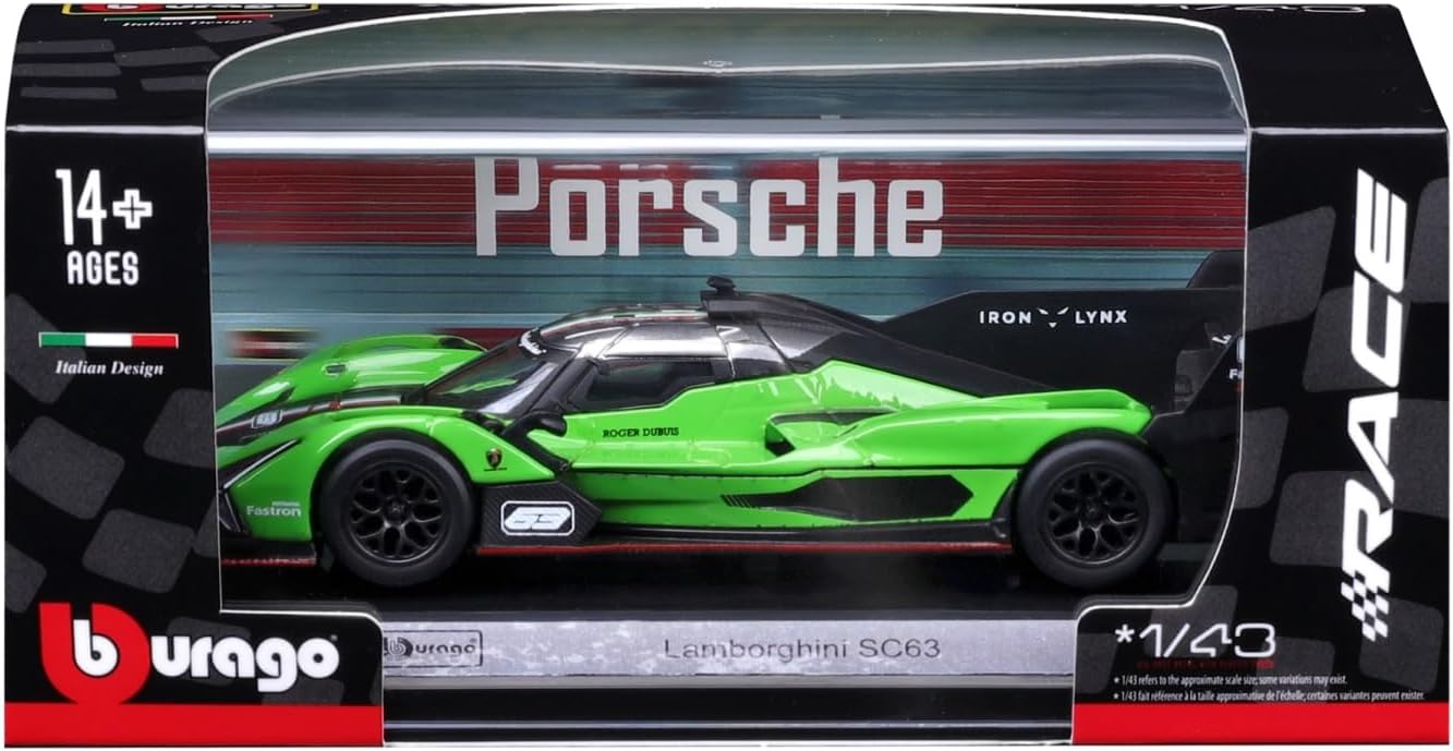 Bburago 1/43 Lamborghini SC63 LMDh Le Mans 24 Hour Endurance Race, Green Sports Car, Diecast Car, 18-38315