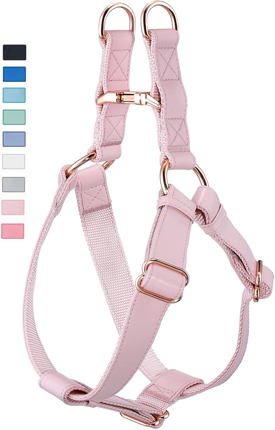 Soft Leather No Pull Dog Harness - Adjustable Step in Dog Harness with Rose Gold Heavy Duty Metal Buckle, Freedom Nylon Dog Halter Vests for Small Medium Large Dogs Easy Walking Training (Pink,L)