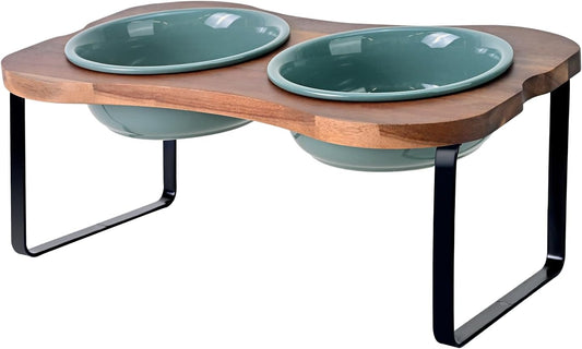 SPUNKYJUNKY Ceramic Elevated Tilted Dog Bowls Bone-Shaped Raised with 2 Height Iron Stand, 6.9'' Dog and Cat Food Water Bowls Set Non-Slip for Small Medium Sized Breed - 20 OZ,Dark Green