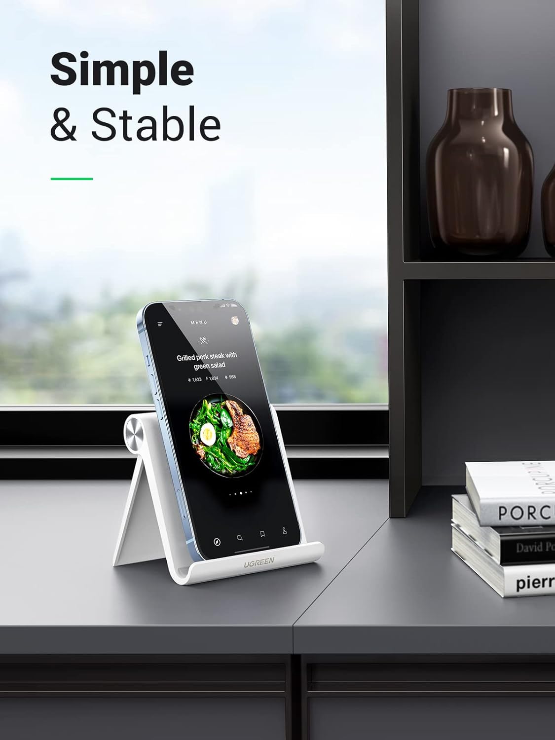 UGREEN Cell Phone Stand for Desk Phone Holder Foldable Portable Adjustable Compatible with iPhone 17 Air 16 15 14 13 Pro Max, iPhone 12 11 Plus SE XS XR 8 7, Office Desk Travel Accessories, White