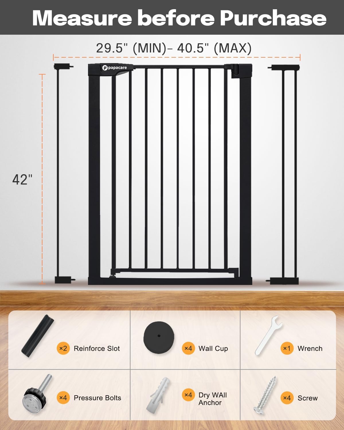 106.7cm(42인치) 계단 출입구용 엑스트라 톨 베이비 게이트, 74.9cm(29.5인치)에서 102.9cm(40.5인치) 너비의 입구에 적합, 출입구 및 계단용 자동 닫힘 엑스트라 와이드 아기 및 반려동물 게이트, 압력 장착 강아지 게이트, 블랙