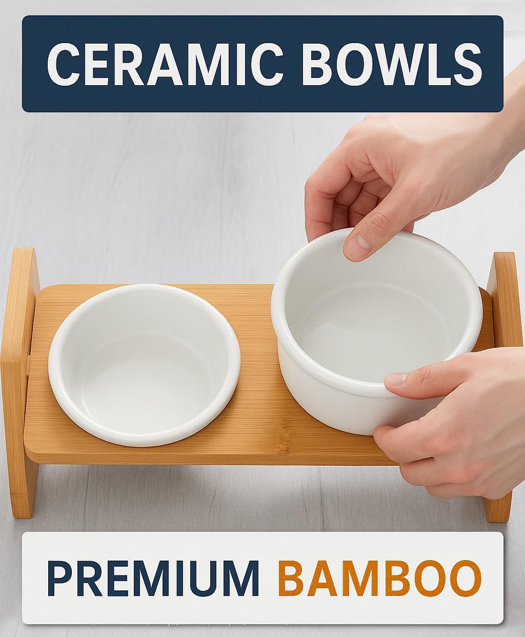 Cutie's PetBox Elevated Food & Water Bowl for Cats and Small Dogs, Adjustable Height Natural Bamboo Stand with Ceramic Dishes