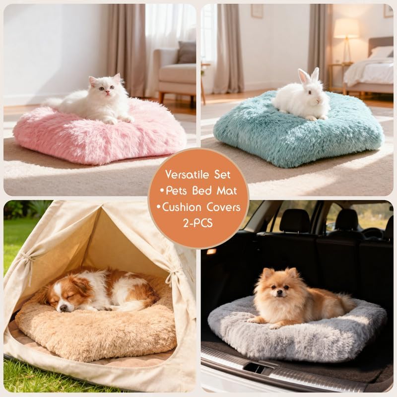 Washable Dog Bed, Small Dogs Beds, 2 PCS Removable Washable Fluffy Pet Bed Cover, Replaceable Dog Crate Pad, Calming Puppy Bed, Comfy Kennel Pad, Plush Cat Mat, 24" x 16", Gray + Blue Green