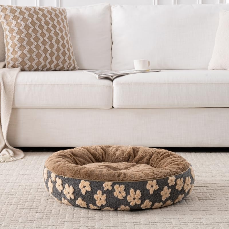 Happy Pets Luxury Orthopedic Pet Bed, Jacquard Brown, or Light Gray, Round Nest Bolster Design, Machine Washable Cover, for All Sized Dog and Cat Breeds (Brown, 30" x 30" x 8")