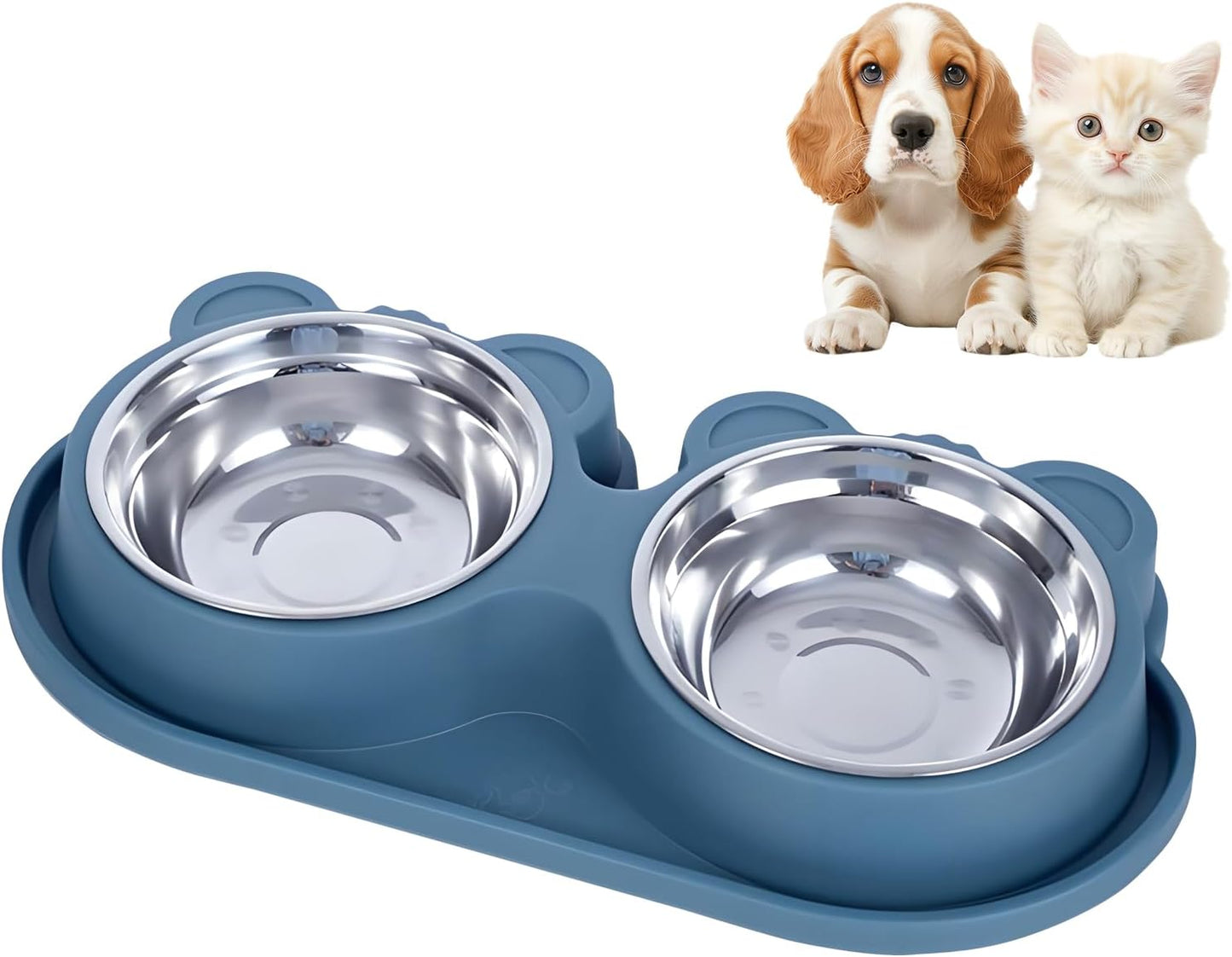 Stainless Steel Double Pet Bowls with Non-Slip Base, Detachable Dog Cat Food and Water Feeder Set, Anti-Spill & Easy to Clean Pet Feeding Bowls for Small Dogs & Cats