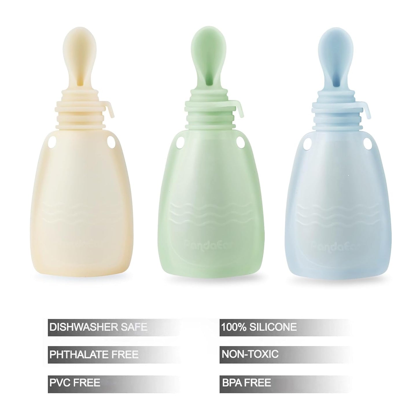 PandaEar 3 Pack Silicone Baby Food Pouches, Reusable Squeeze Pouches for Toddler with 3 Silicone Puree Feeder Spoon, BPA-Free Silicone Refillable Infant Food Storage, 5 oz (Beige&Blue&Green)