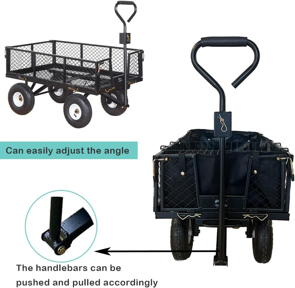 Heavy Duty Steel Garden Cart Large Size with Liner and Iron Frame,Steel Frame Dump Cart with Removable Sides,660lbs Capacity Black