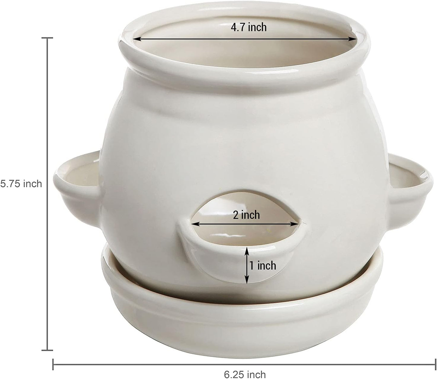 MyGift White Ceramic Plant Pot, Flower Strawberry Planter with Saucer and 4 Decorative Side Openings Design