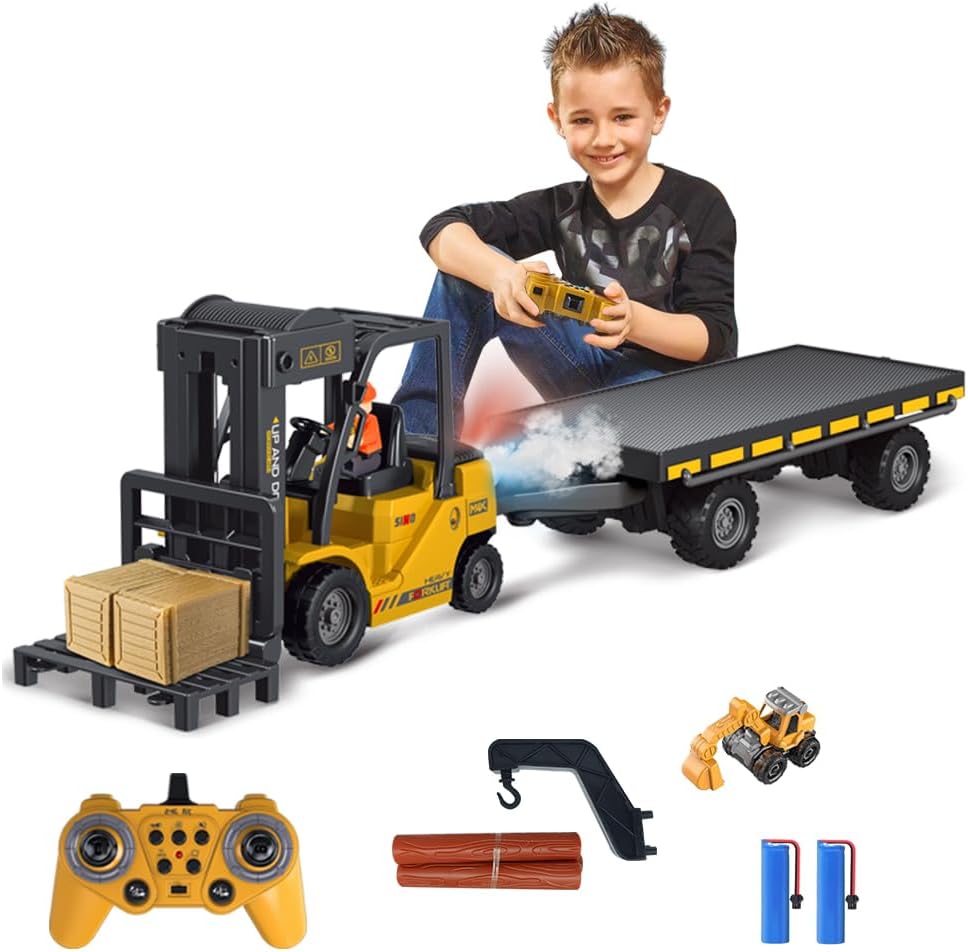 Remote Control Forklift with Flatbed Truck, 11 Channel RC Forklifts with Spray, Cool Lights & Sound, 2 in 1 Lift Fork & Hook, Crane Construction Toys for Boys, Birthday Gift for Kids 3+