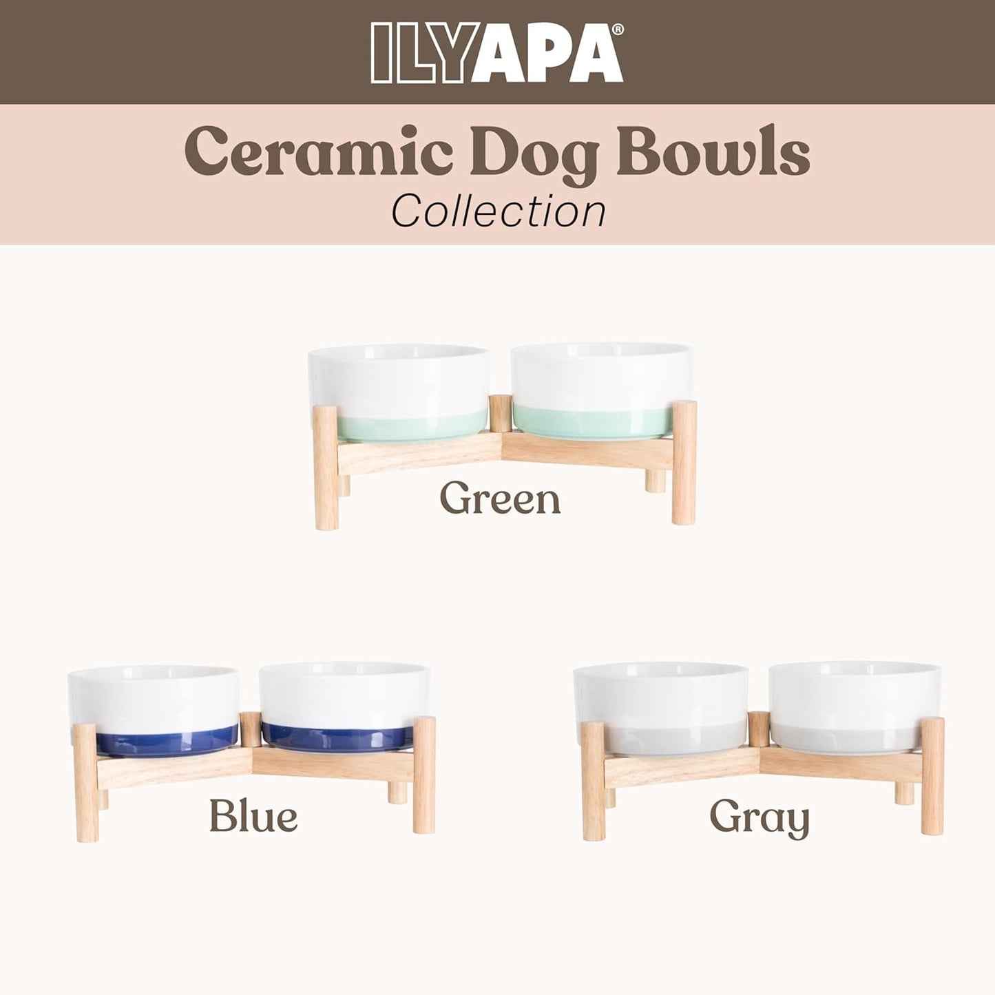 Ilyapa Ceramic Dog Bowls - Elevated for Medium Sized Pet with Raised Food and Water Set - Green Double 6 inch, 28 Oz Bowls & 13x6.3x5.5 Wooden Stand