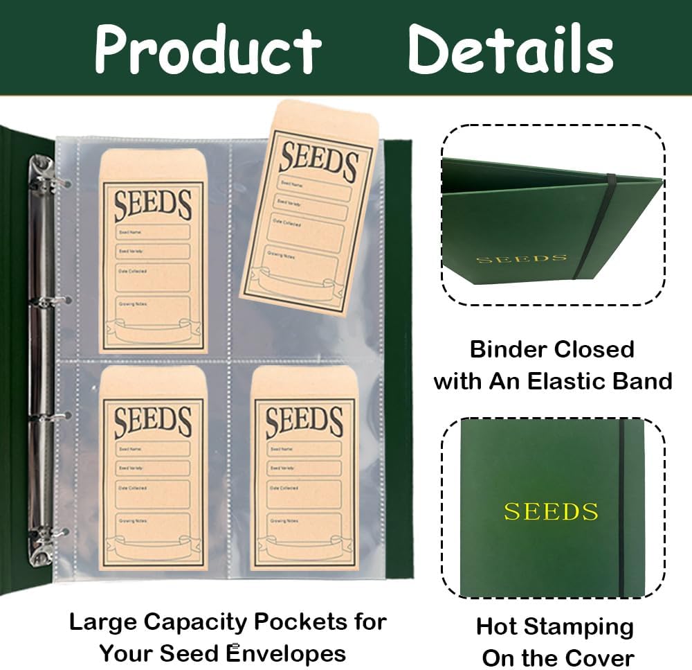Seed Storage Organizer Binder,4 Ring Seed Packet Organizer with 100 Pockets(25 Pack Clear Sheet Protectors), Garden Seed Holder Book for Envelopes, Seed Saving Keeper, Green