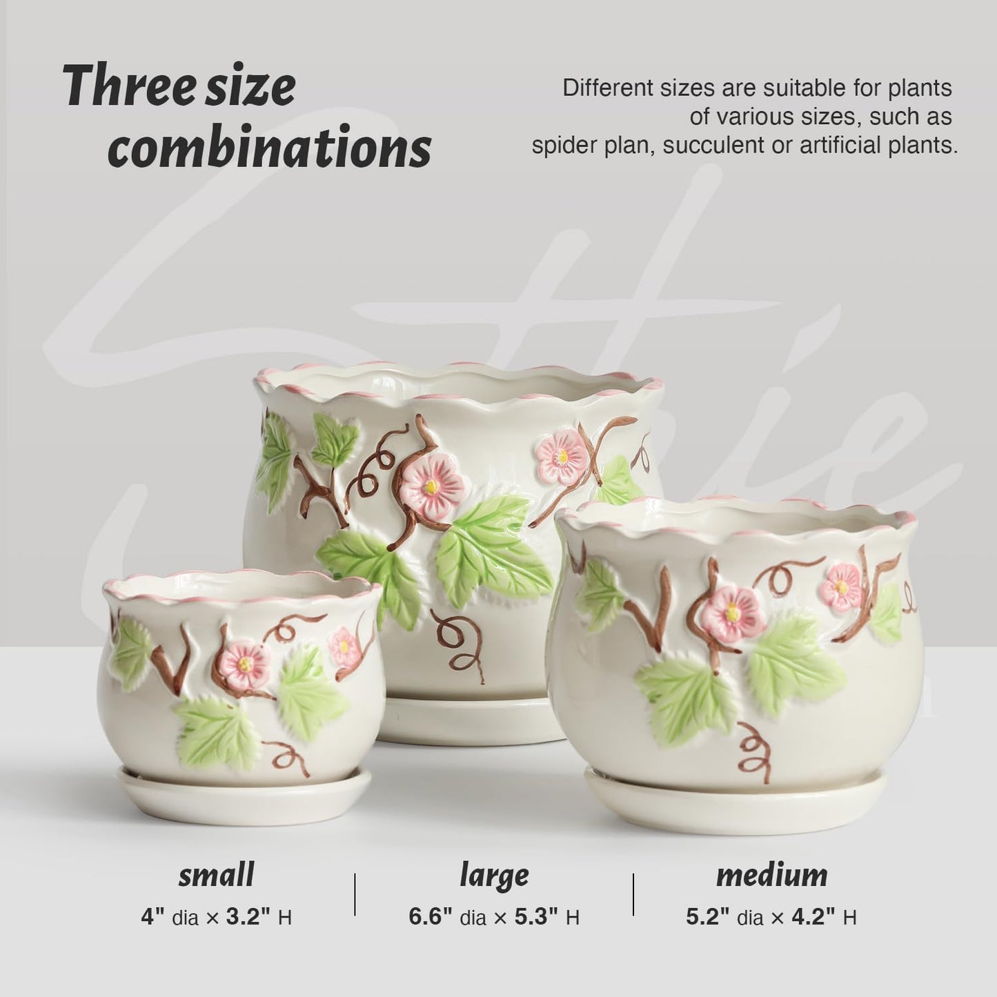 Ceramic Plant Pots with Drainage Holes and Saucers, Round Flower Pots for Indoor Plant, 4/5.2/6.6 Inches Vintage Flower Planters Set of 3
