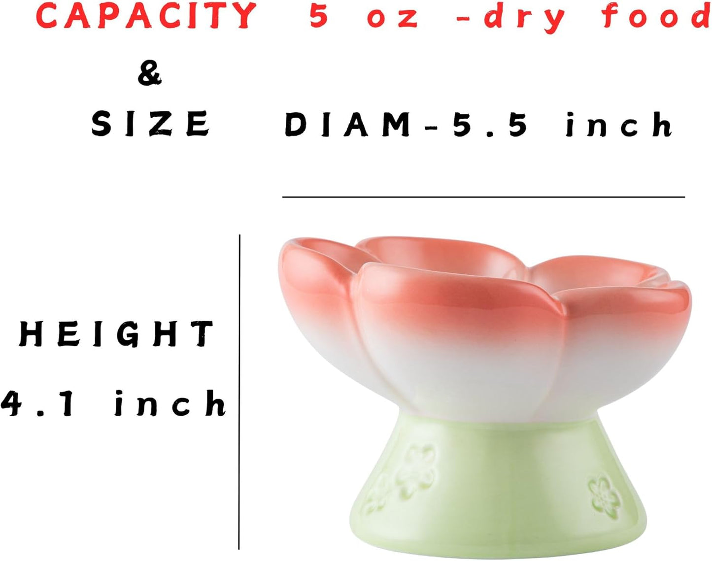 Ceramic Cat Divided Bowl Flower Shaped (5 Sections) - 4 Inch Elevated Design Cute Slow Feeder Bowl, Heavy Base, Under-Glazed Gradient Color - Separates Dry/Wet Food, Veggies, Fruits & Treats