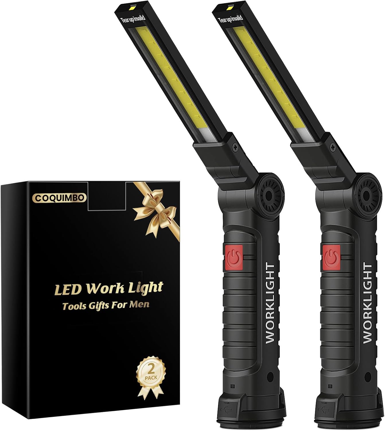 Coquimbo Tool Fathers Day Dad Gifts for Men Him Husband, Rechargeable LED Work Light BBQ Grill with Magnetic Base Hook, 360° Rotate Mechanic Flashlight Mens Easter Birthday Gifts (2 Pack Black)
