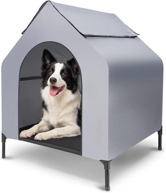 49" Large Elevated Dog House for Outdoor & Indoor Use, Weatherproof 600D PVC Fabric, Breathable Mesh Windows, Textilene Elevated Dog Bed, Easy Clean Dog Cot for Large Dogs