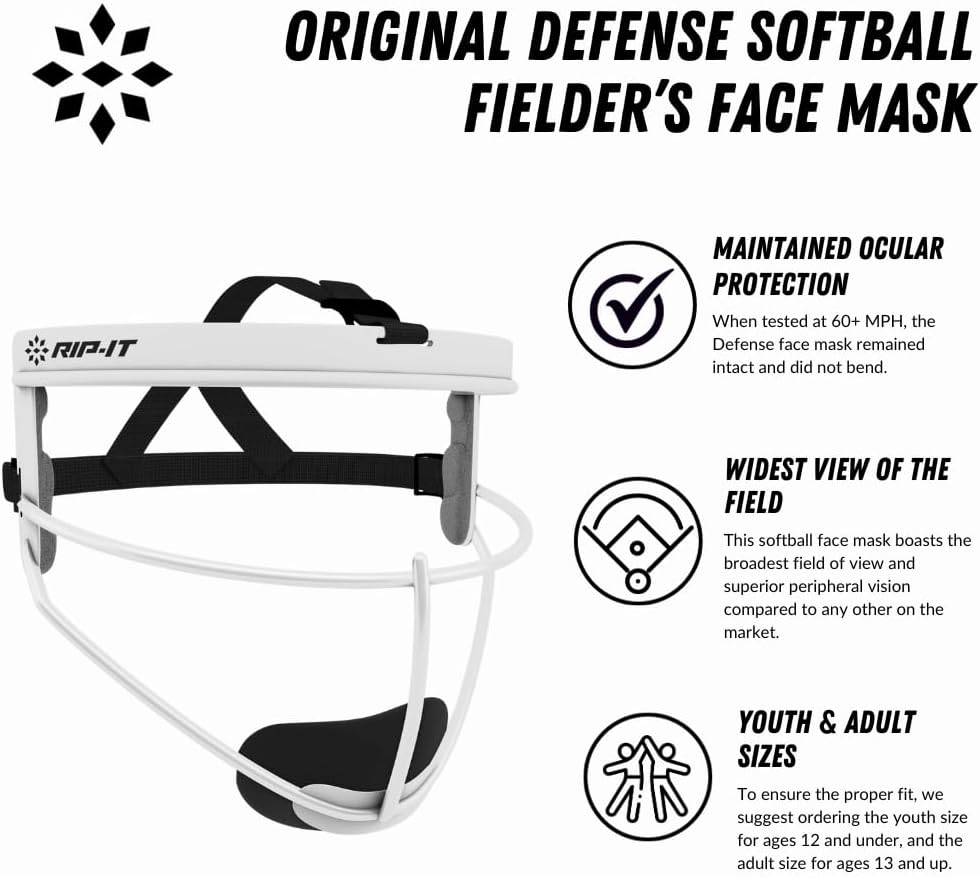 RIP-IT Original Defense Youth Softball Face Mask, Lightweight, Protective Fielder's Softball Face Shield with Ponytail Strap & Soft Foam Padding