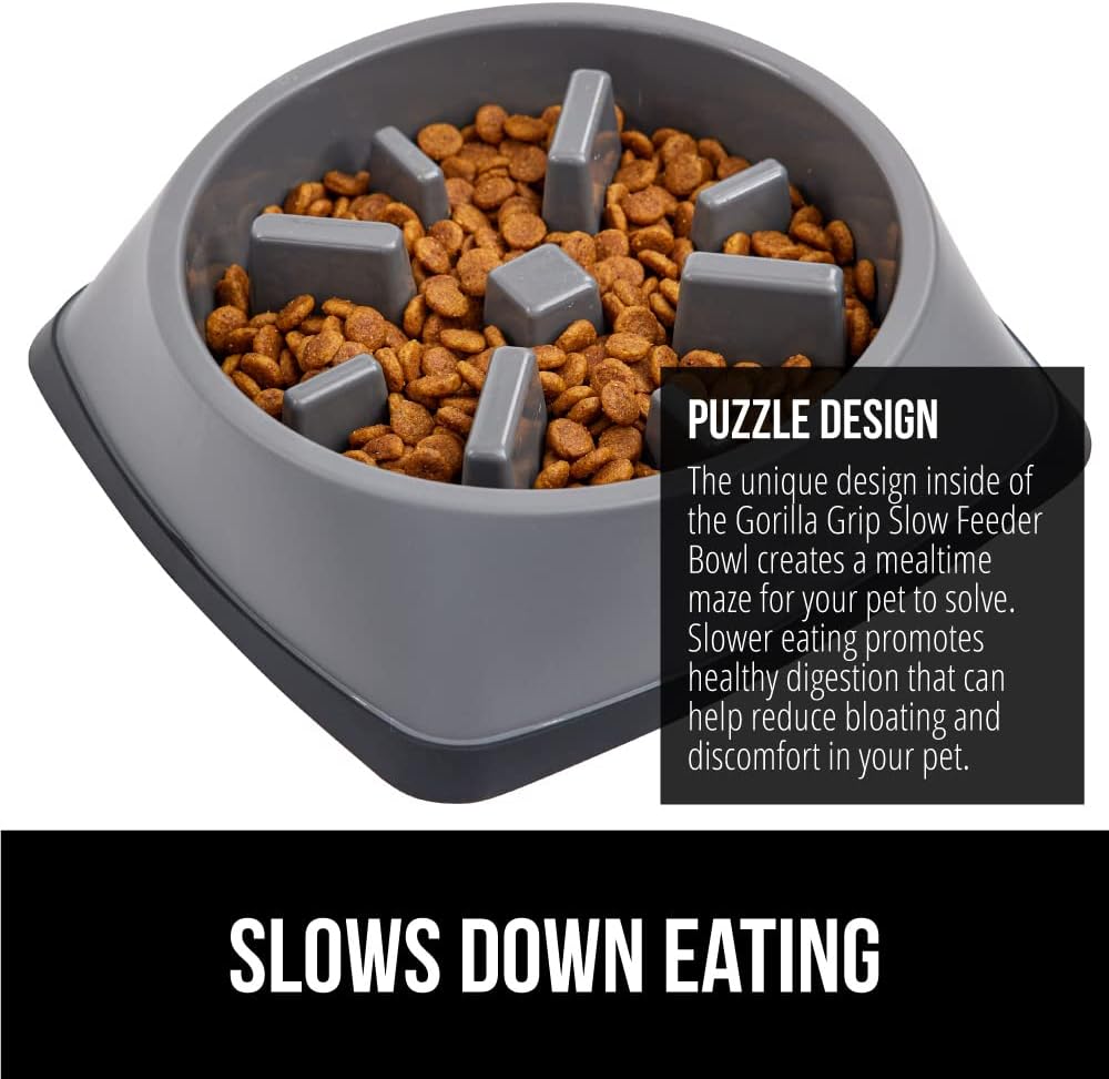 GORILLA GRIP Patented BPA Free Slow Feeder Dog Bowls, Interactive Puzzle Toy for Dogs and Cats Food Training Enrichment, Keeps Pets Busy and Prevents Puppy Overeating, All Breeds, 2 Cup, Gray