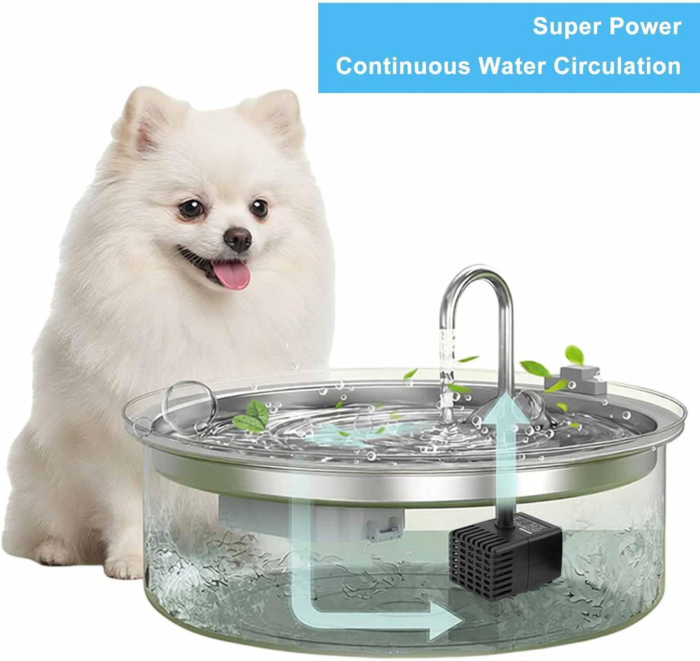 Black Replacement Pump for Cat Dog Pet Water Fountain, Ultra Quiet, Capacitive sensing red and blue light intelligent low water level reminder, 3.3 ft USB cable