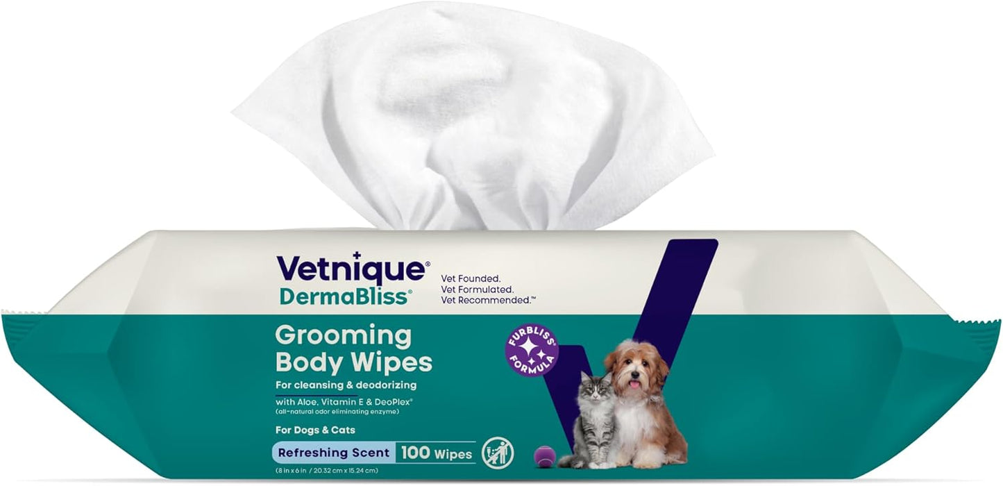 Vetnique DermaBliss Pet Wipes for Dogs & Cats for Grooming, Cleansing & Deodorizing, Thick Dog Wipes for Convenient Dog Cleaning and Natural Pet Odor Eliminator, 100ct (Refreshing Scent)