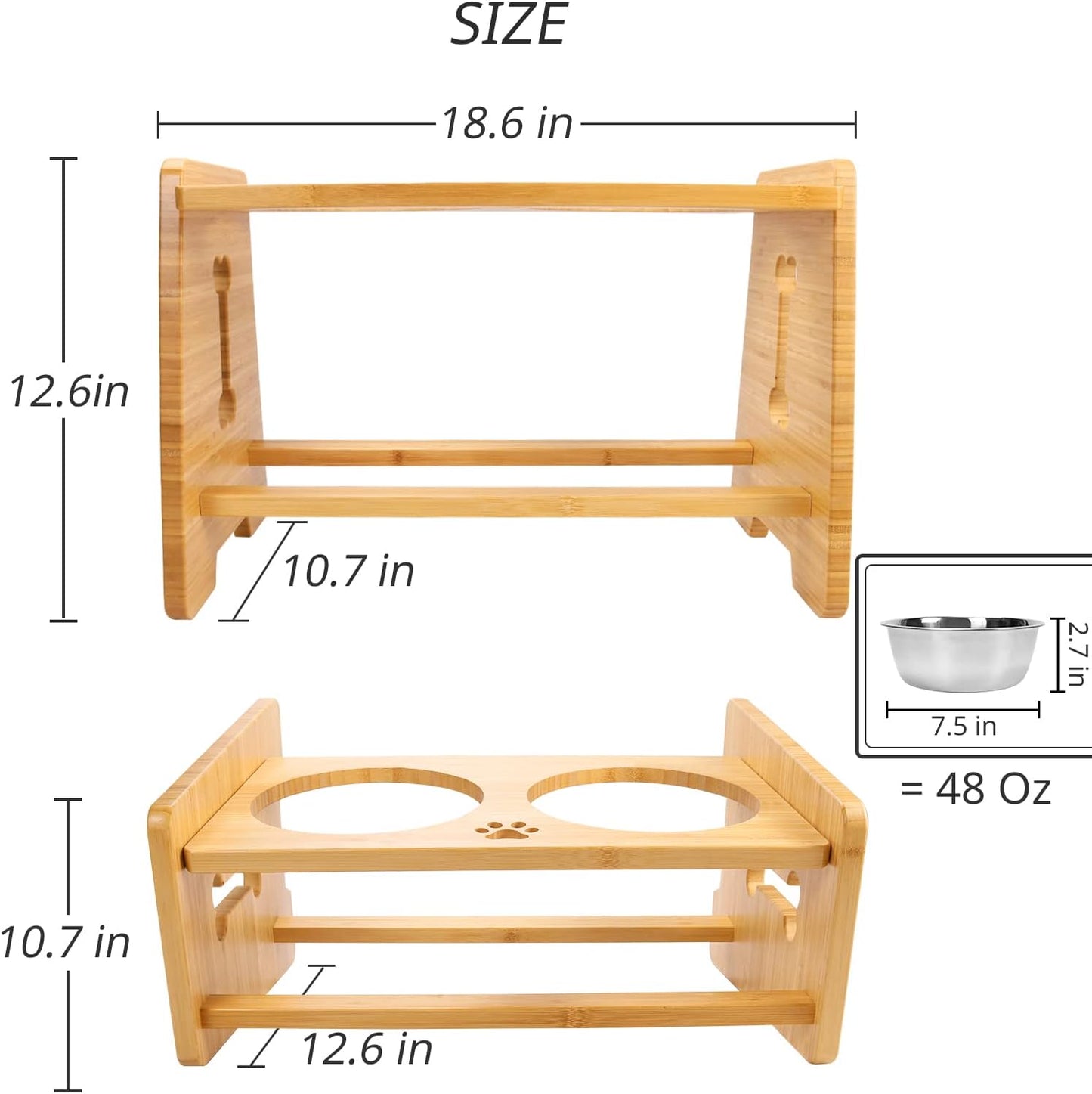 HTB Elevated Dog Bowls, Adjustable Pet Bowl Stand (Bamboo, 2 in 1-6.5'' or 11.8'')
