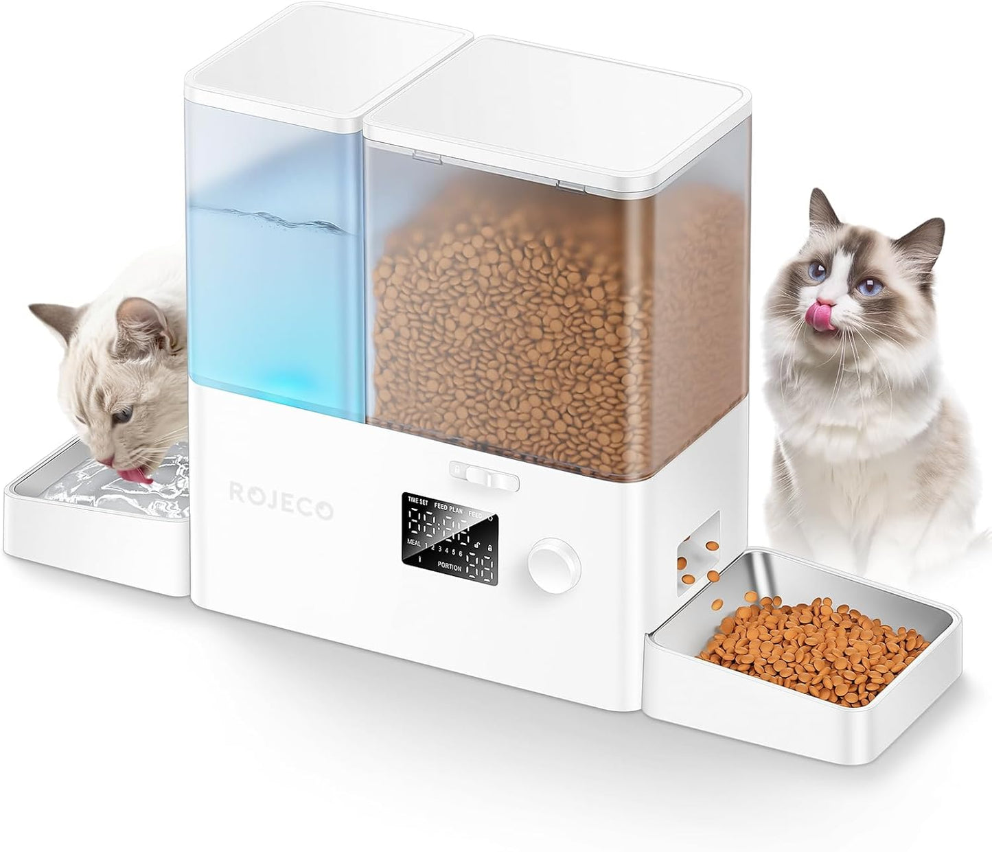 ROJECO Automatic Cat Feeder and Water Dispenser,36Cups/8.5L 2-in-1 Stainless Steel Bowls Large Capacity Cat Food Dispenser and Gravity Water Fountain for Cats Small Dogs Puppies Kittens Pets