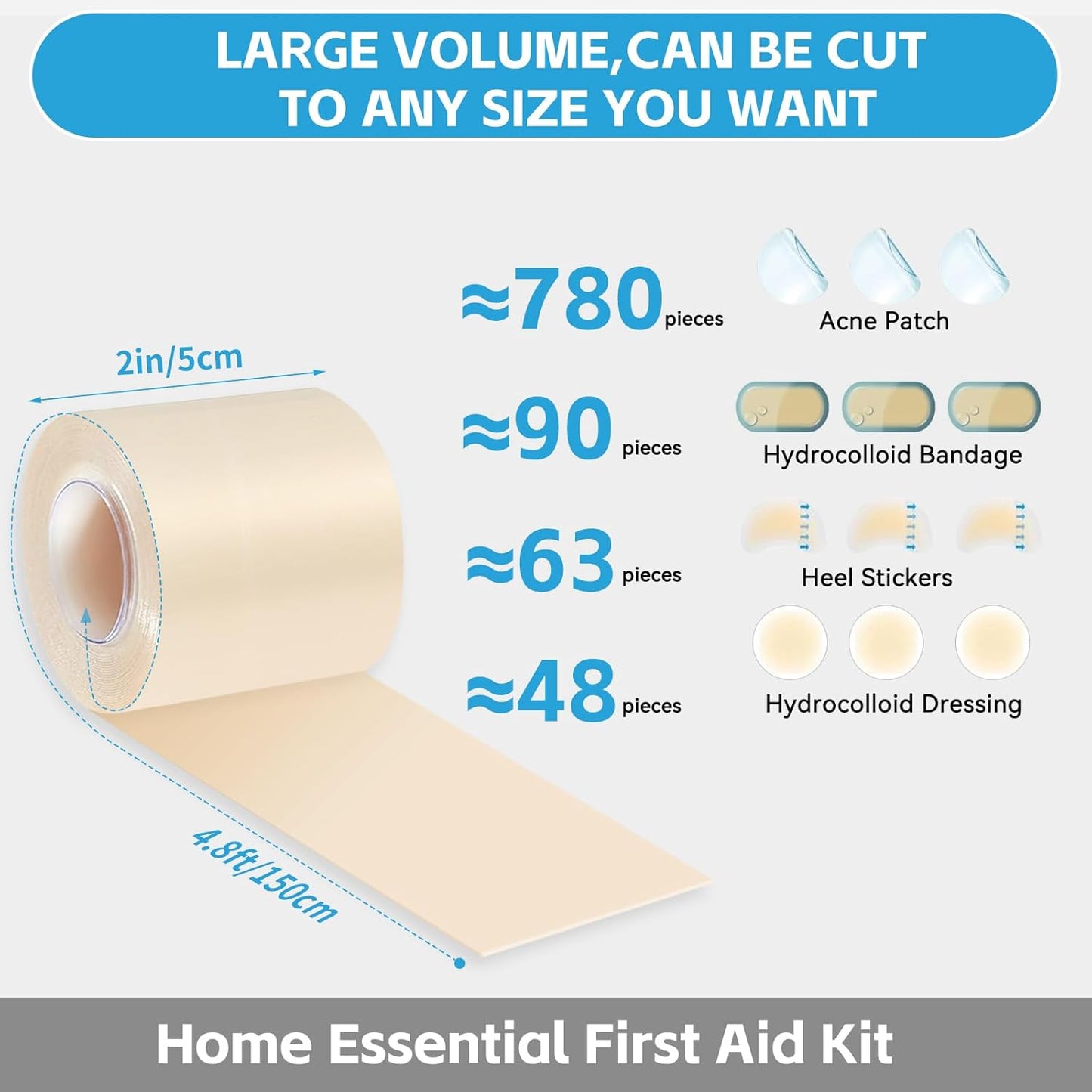 Hydrocolloid Bandages for Wound Care, Medical-Grade Hydrocolloid Roll with Self-Adhesive, Ultra Absorbent, Flexible & Waterproof, Cut-to-Size First Aid Kit Essential (2in*4.8ft)