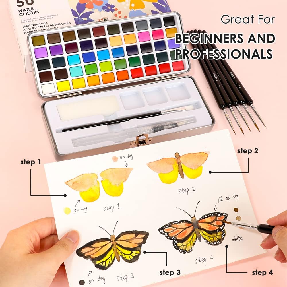 Grabie 50 Colors Watercolor Paint Set, Detail Paint Brush Included, Watercolor Paints, Painting Sets, Art Supplies for Painting, Travel Watercolor Set, Amateur Hobbyists