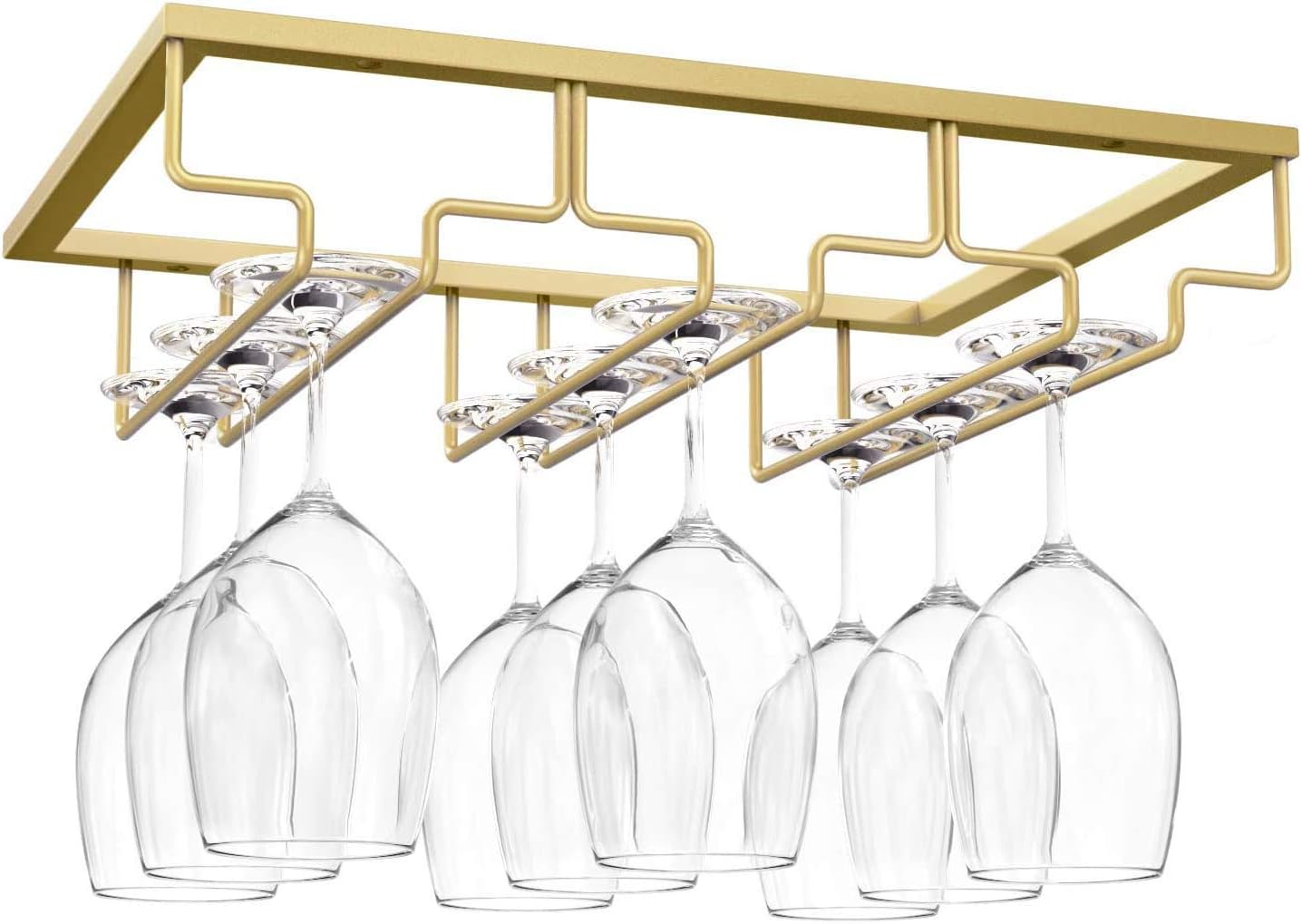Wine Glass Rack, Under Cabinet Stemware Wine Glass Holder, Wine Glasses Storage Hanger Metal Organizer for Cabinet Kitchen Bar (Gold, 3 Rows 1 Pack)