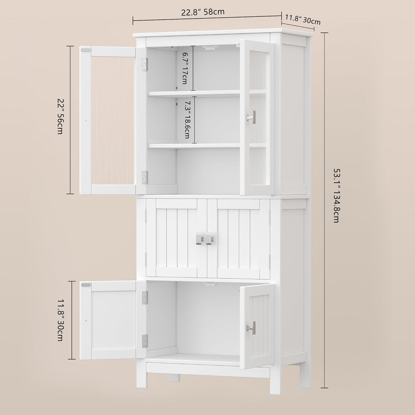 53.1" H Tall Bathroom Storage Cabinet, Bathroom Floor Cabinet with 6 Doors and Adjustable Shlef, Linen Cabinet, Pantry Cabinet for Living Room, Kitchen, Entryway, White