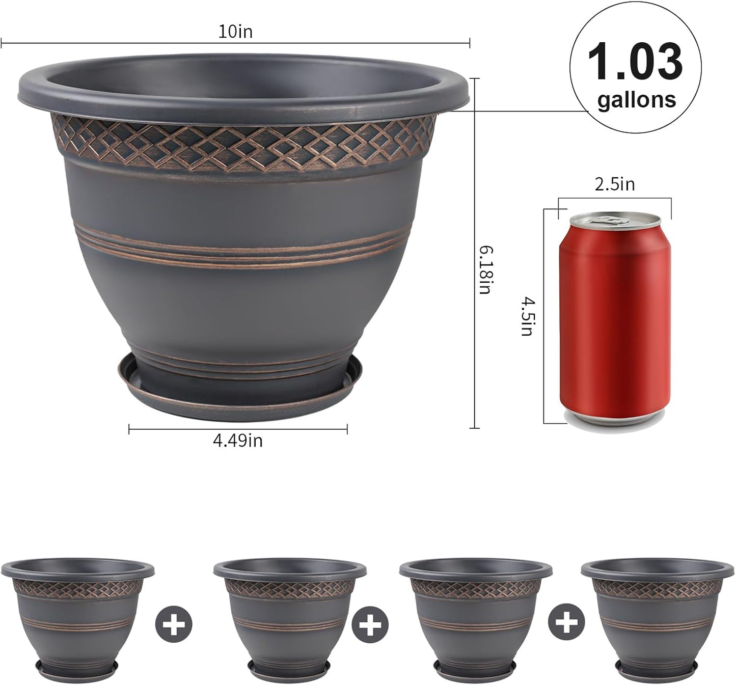 10 Inch 4 Pack Plant Pots, Plastic Flower Pot for Indoor & Outdoor with Drainage Holes & Saucer, Plaid Pattern Planters Garden Pots for Herbs